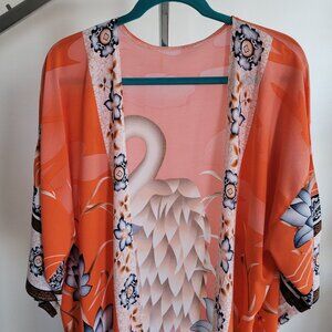 EDOLYNSA Boho Orange Flamingo Floral Maxi Kimono (Size: One Size)